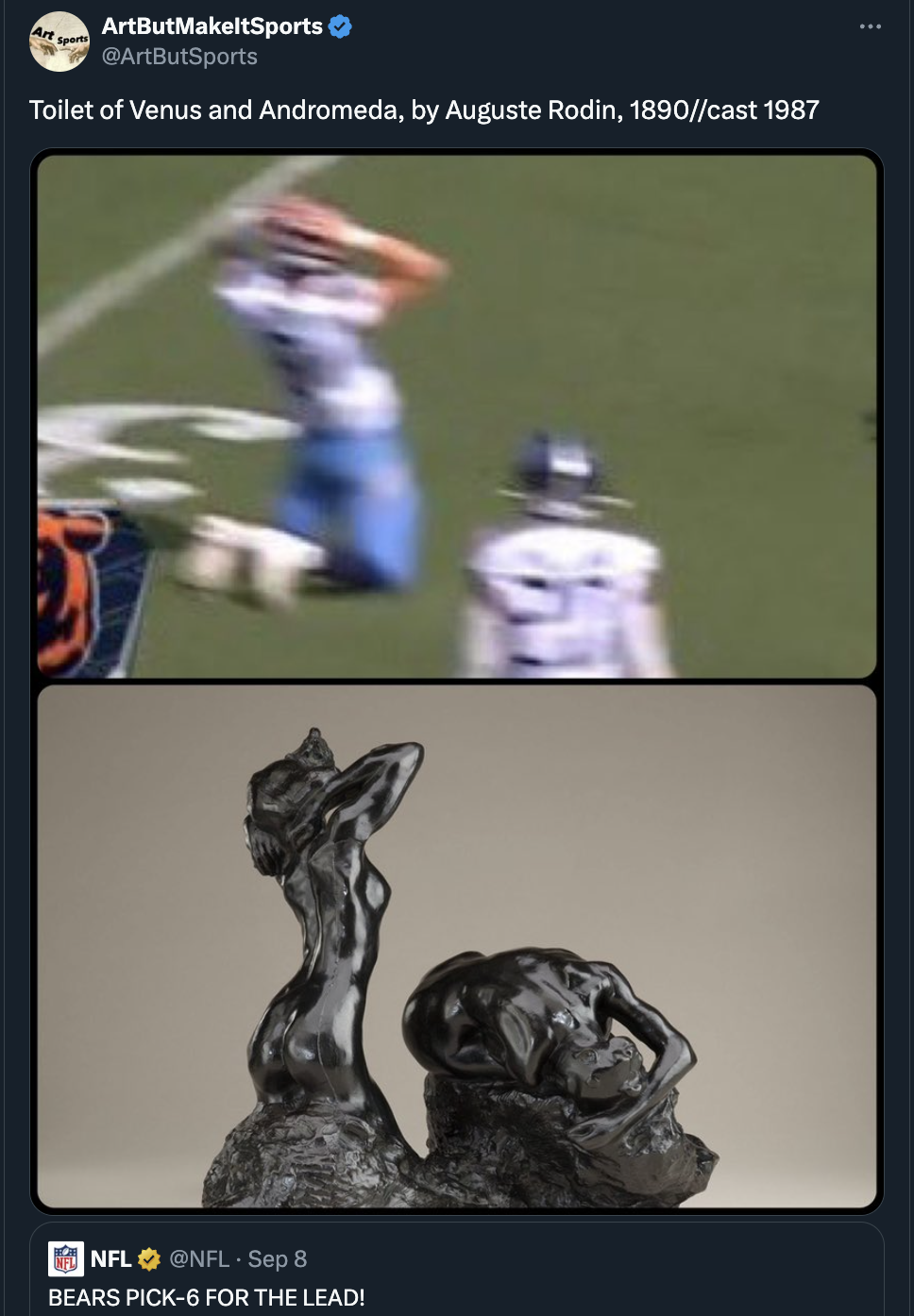 screenshot - ArtButMakeltSports Toilet of Venus and Andromeda, by Auguste Rodin, 1890cast 1987 Nfl Nfl Sep 8 Bears Pick6 For The Lead!